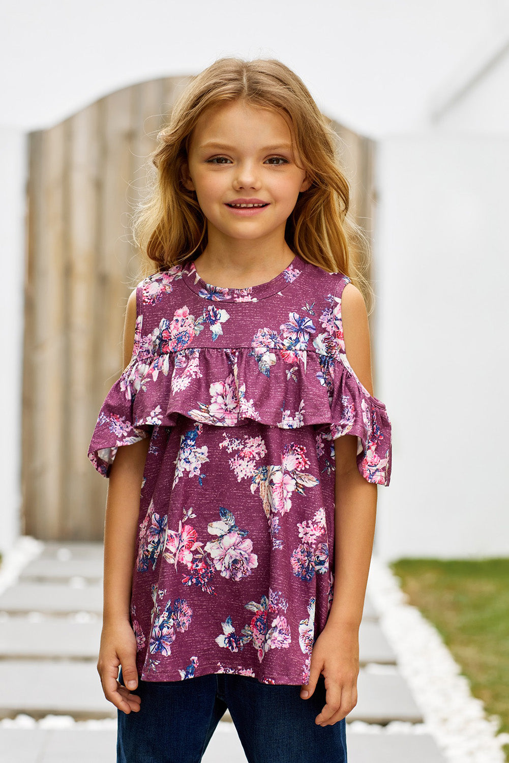 Girls Floral Cold-Shoulder Ruffled Top