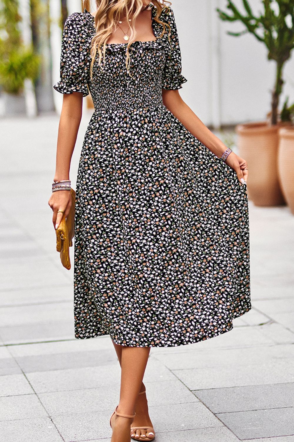 Floral Ruffled Square Neck Dress with Pockets