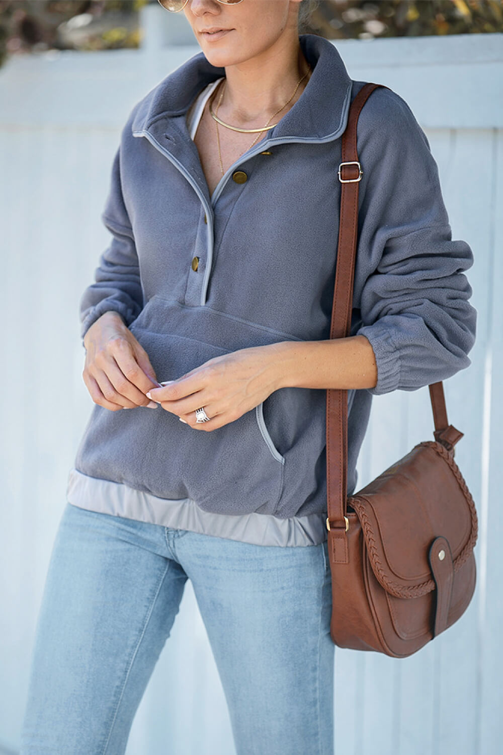 Women's Half Button Fleece Sweatshirt with Kangaroo Pocket in Gray