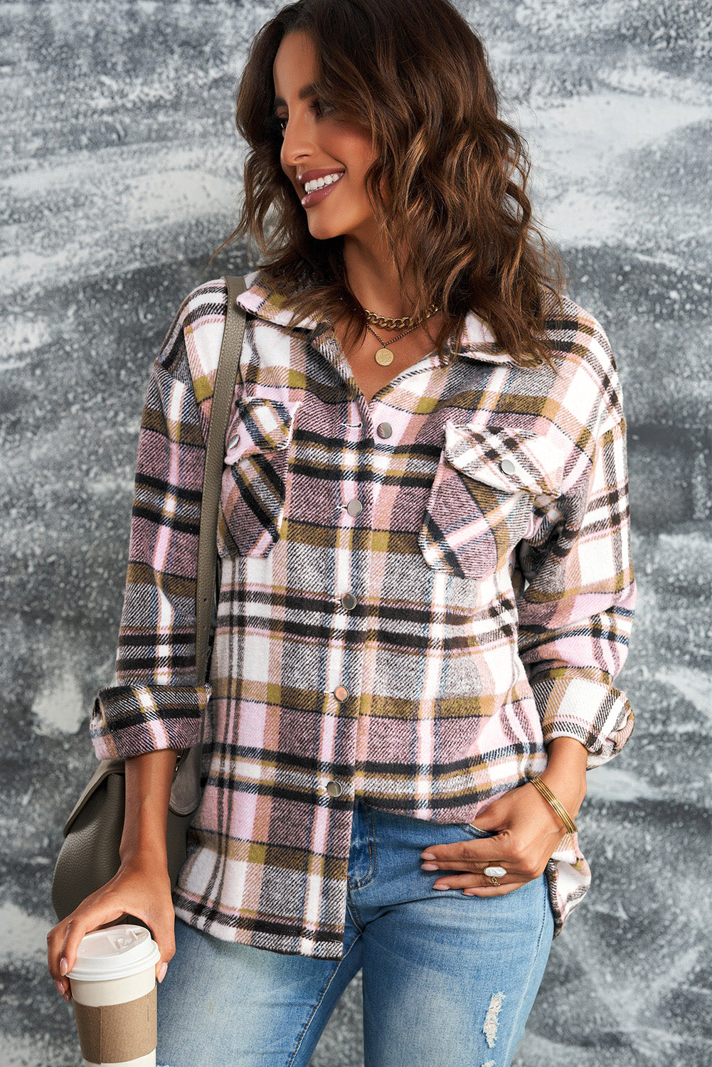 Women's Plaid Button Front Shirt Jacket with Breast Pockets in Pink, Red, Khaki, or Blue