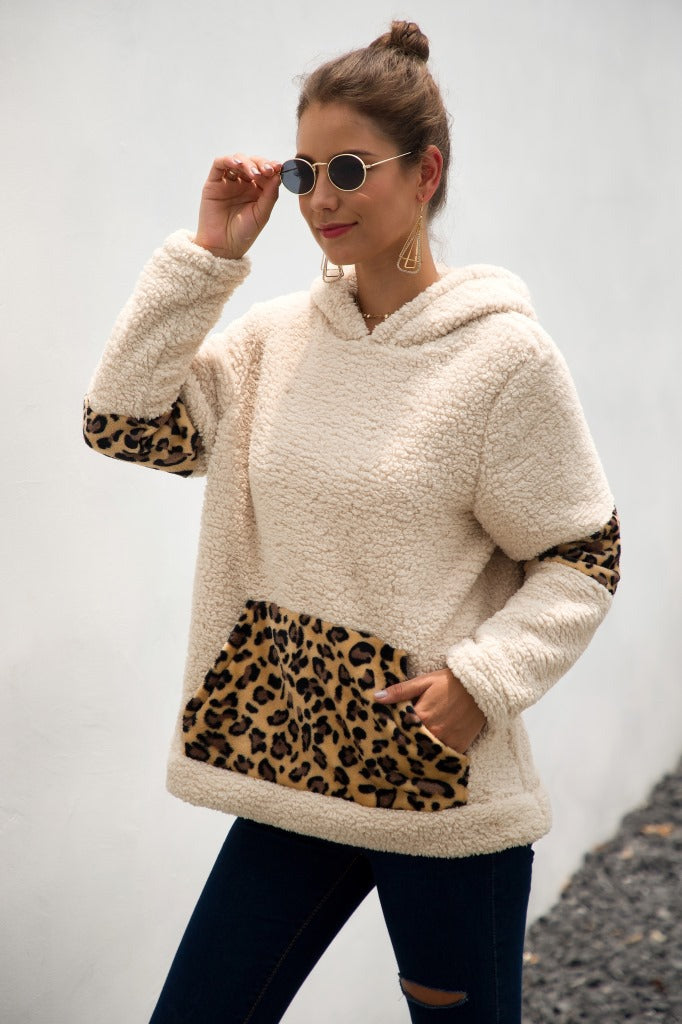 Leopard Color Block Sherpa Hoodie