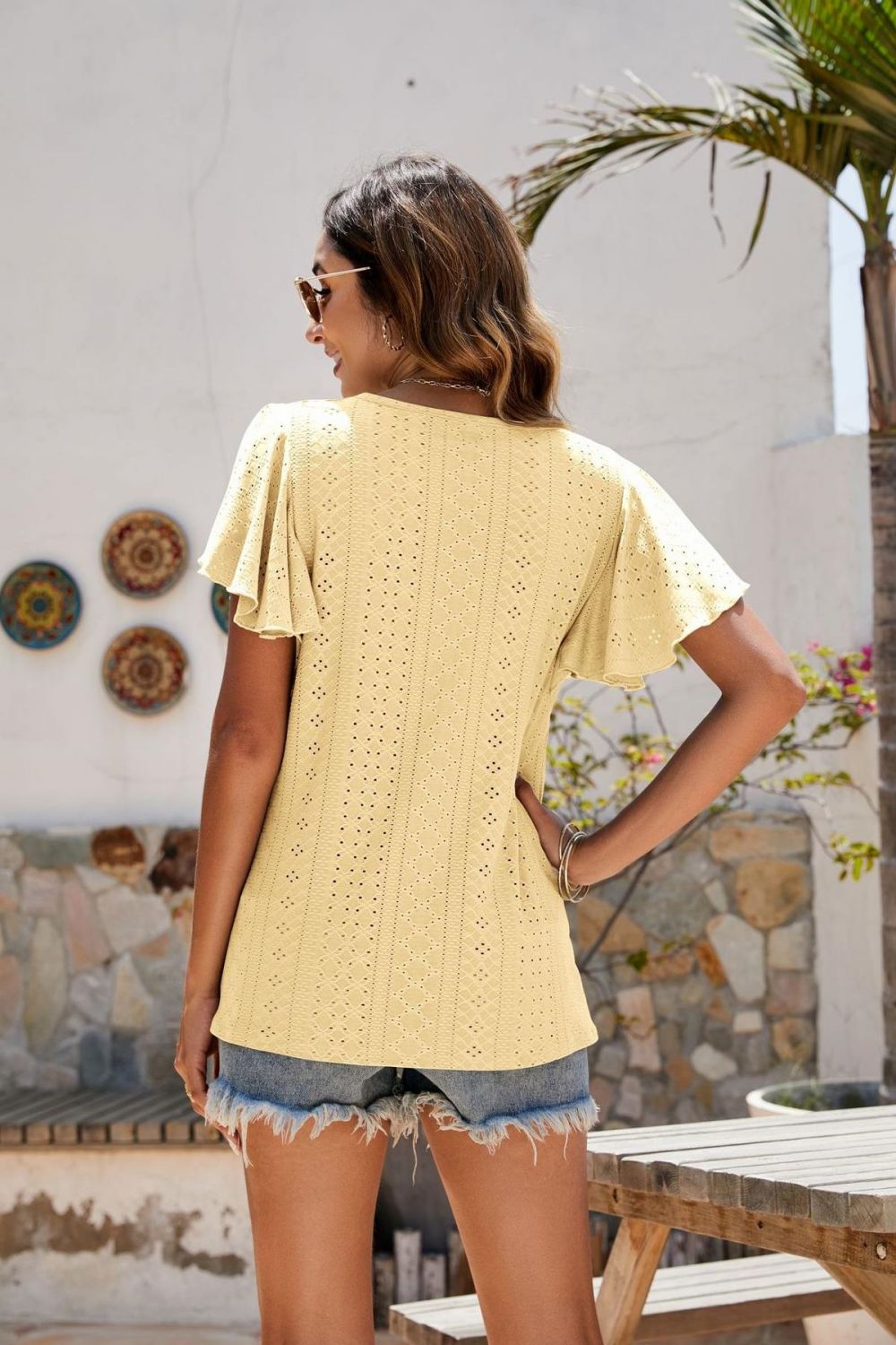 Eyelet Flutter Sleeve Short Sleeve Top