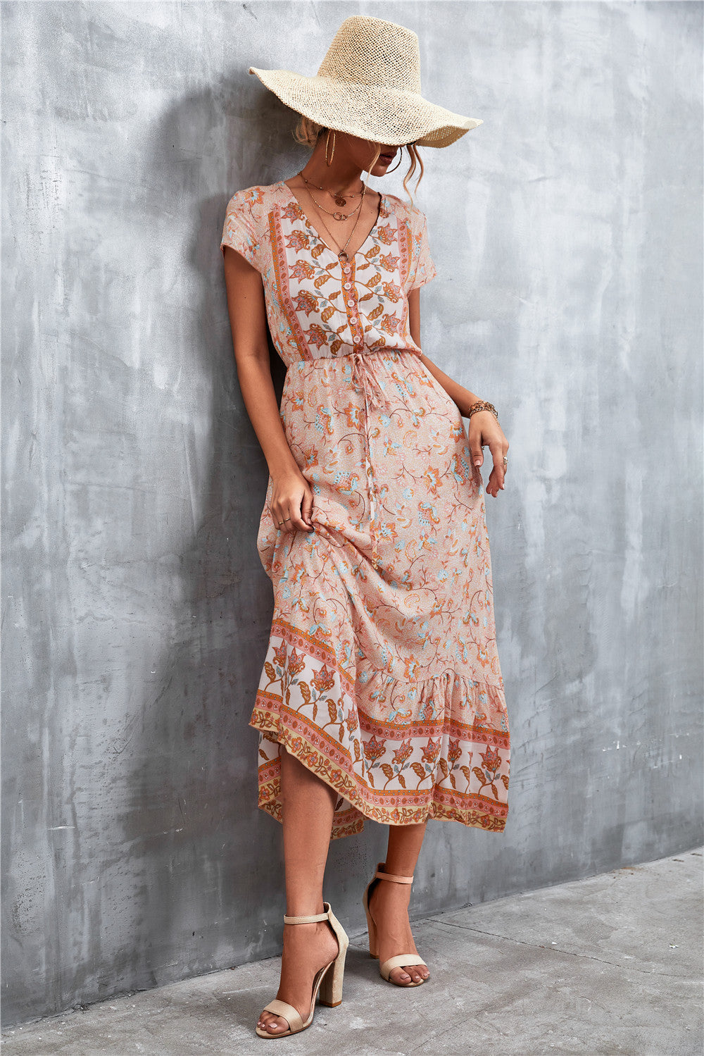 Bohemian V-Neck Short Sleeve Midi Dress