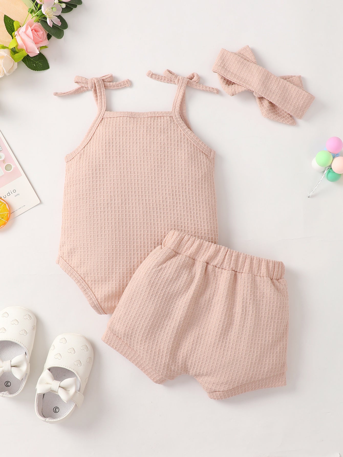 Baby Girl Waffle-Knit Tie-Shoulder Top and Bottoms Set