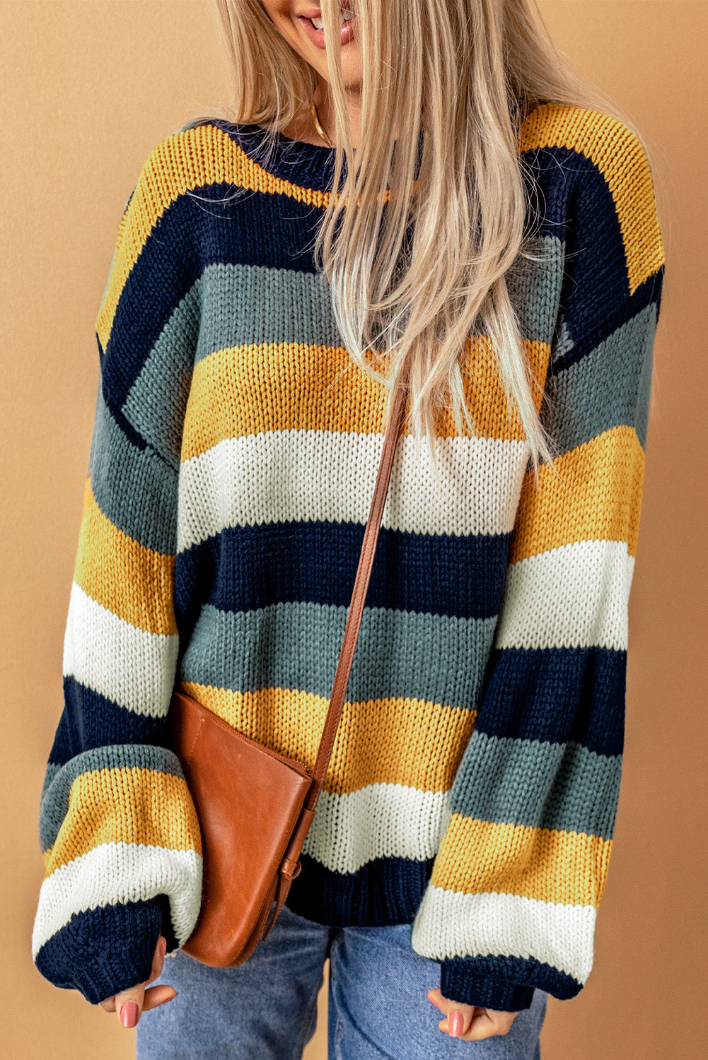 Women's Striped Dropped Shoulder Knitted Pullover Sweater in Blue/Yellow or Pink/Yellow