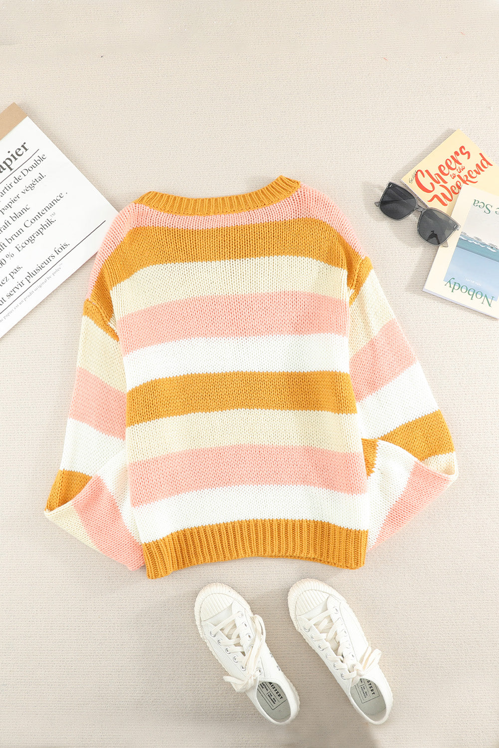 Women's Striped Dropped Shoulder Knitted Pullover Sweater in Blue/Yellow or Pink/Yellow