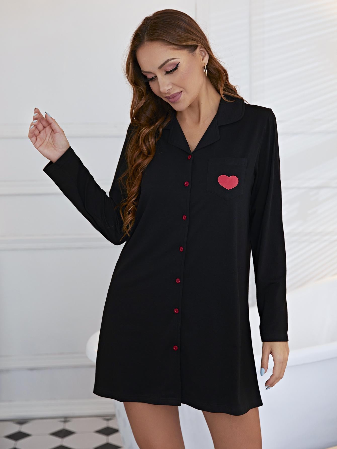 Heart Graphic Lapel Collar Long Sleeve Night Dress