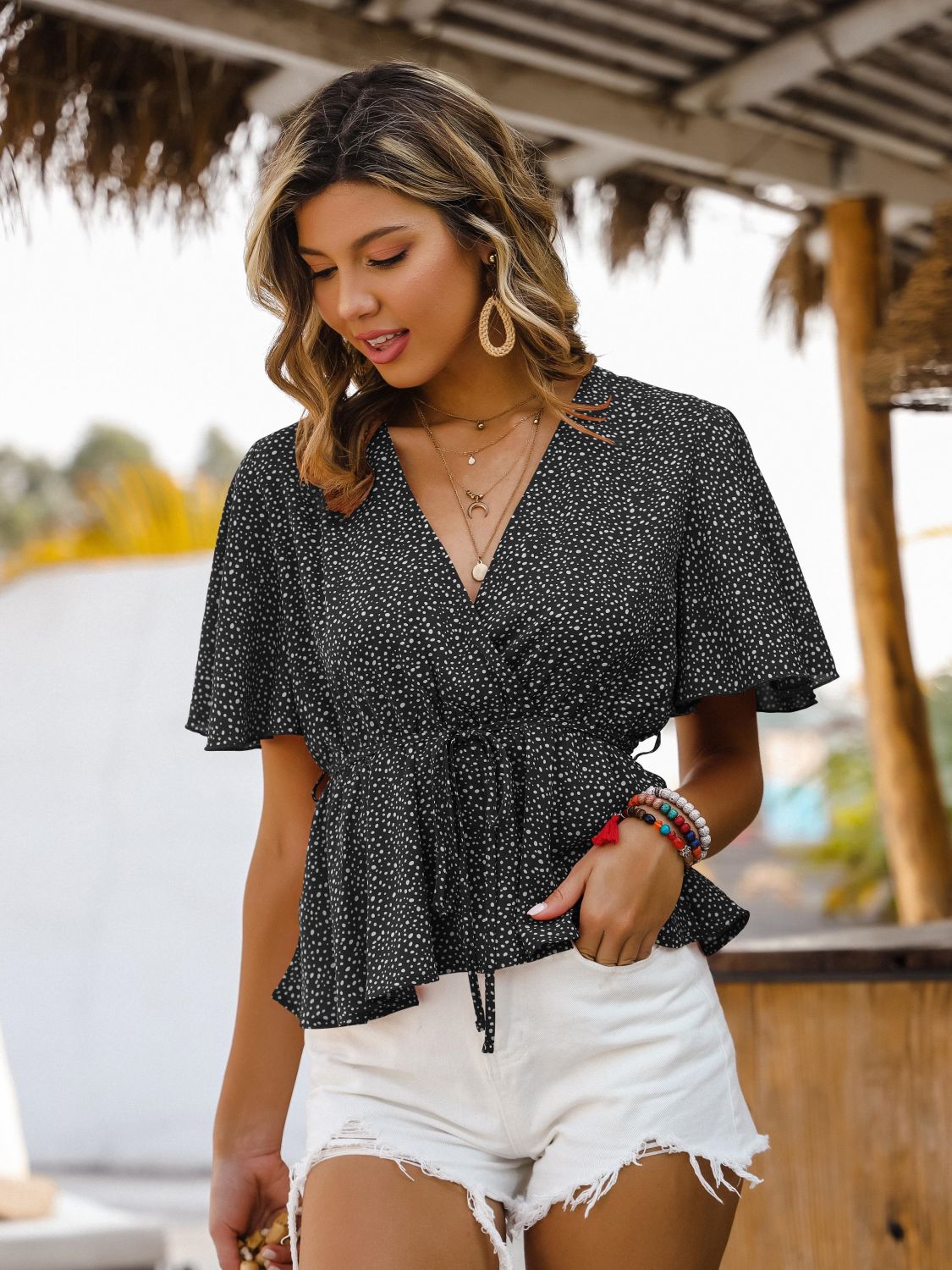 Printed Tied Flutter Sleeve Blouse