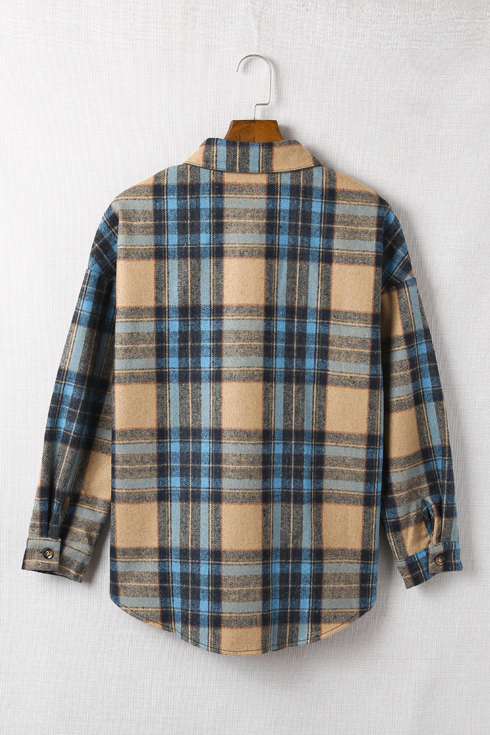 Woman's Plaid Curved Hem Shirt Jacket with Breast Pockets in Blue/Rust