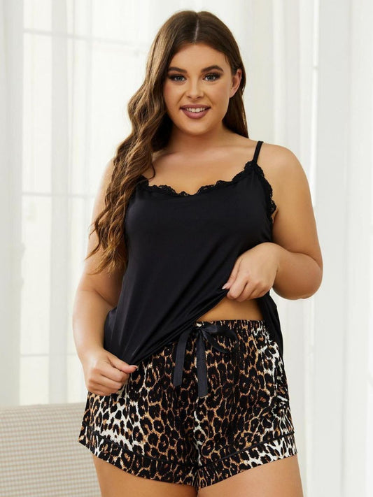 Plus Size Lace Trim Scoop Neck Cami and Printed Bottoms Pajama Set