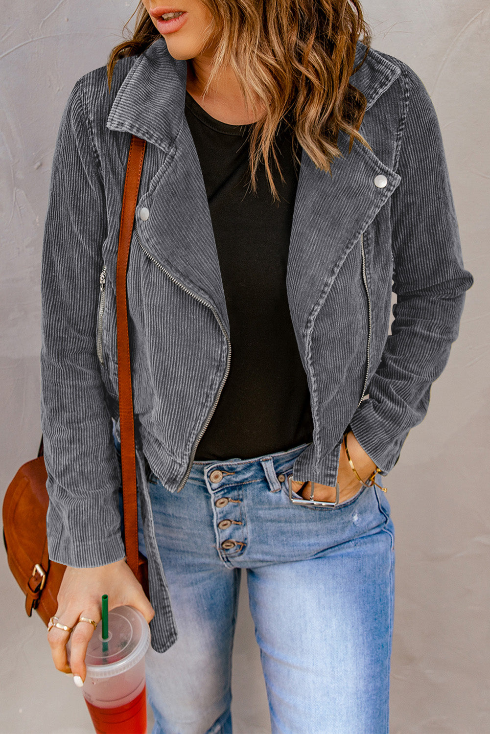 Women's Gray Belted Zip-Up Corduroy Jacket