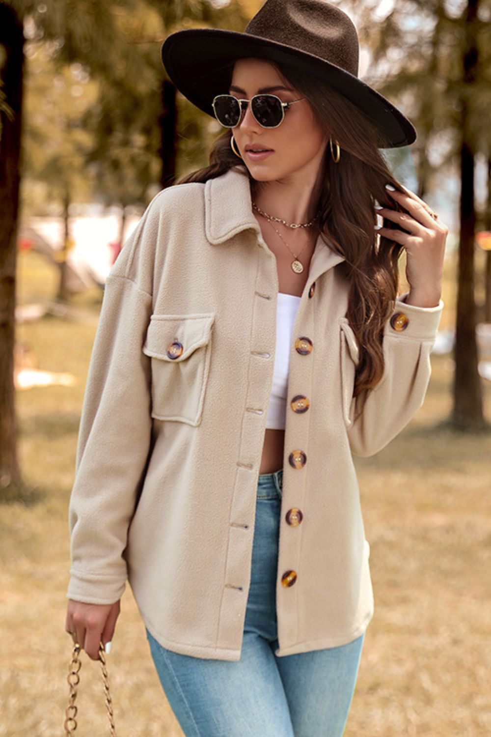 Button-Up Khaki Shirt Jacket with Breast Pockets