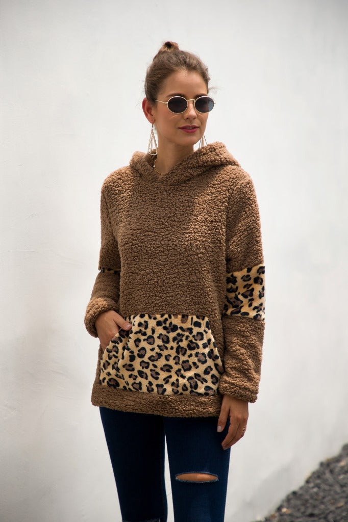 Leopard Color Block Sherpa Hoodie