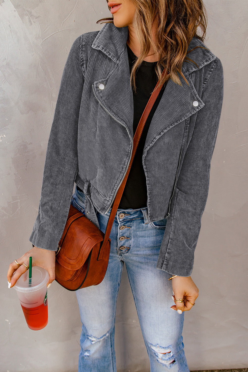 Women's Gray Belted Zip-Up Corduroy Jacket