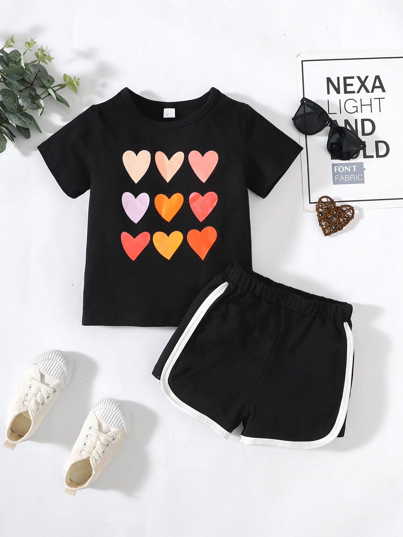 Kids Heart Print T-Shirt and Side Stripe Bottoms Set