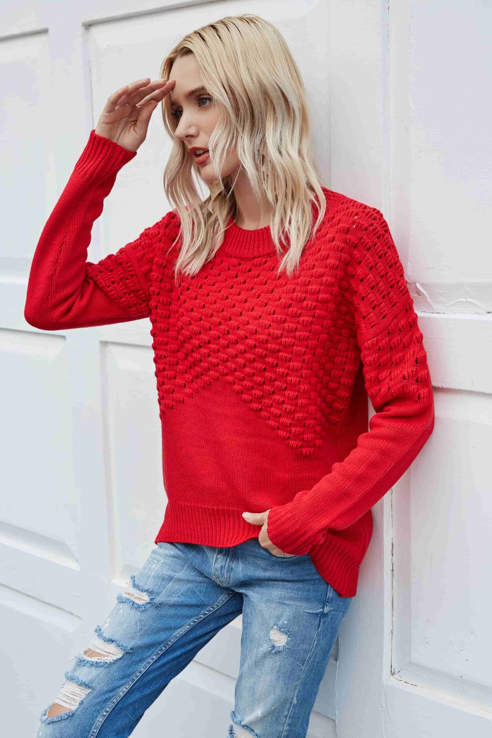 Pom-Pom Drop Shoulder Ribbed Trim Sweater in Khaki or Red