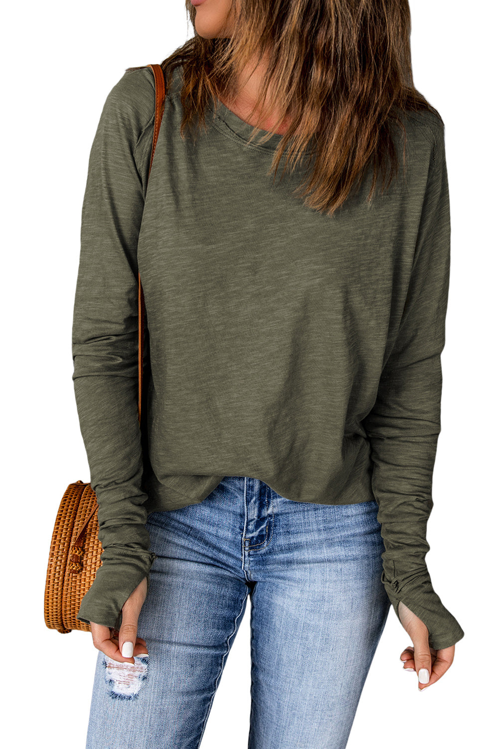 Women's Thumbhole Long Sleeve Round Neck Green Top