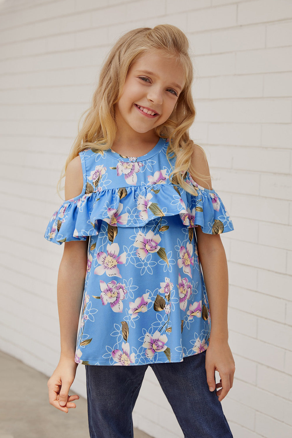 Girls Floral Cold-Shoulder Ruffled Top