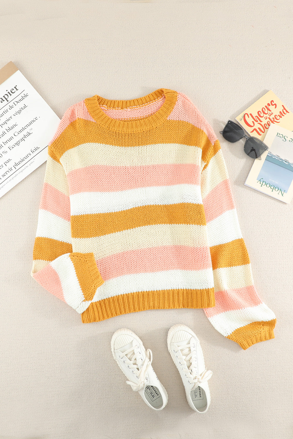 Women's Striped Dropped Shoulder Knitted Pullover Sweater in Blue/Yellow or Pink/Yellow