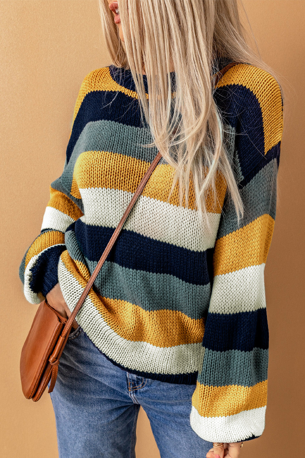 Women's Striped Dropped Shoulder Knitted Pullover Sweater in Blue/Yellow or Pink/Yellow