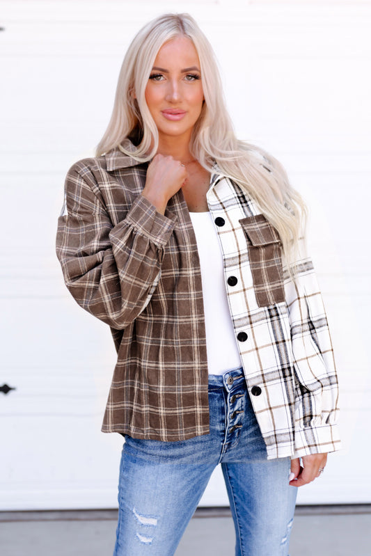 Brown Plaid Contrast Button Up Shirt Jacket, Shacket