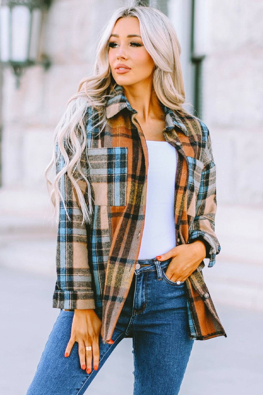 Woman's Plaid Curved Hem Shirt Jacket with Breast Pockets in Blue/Rust