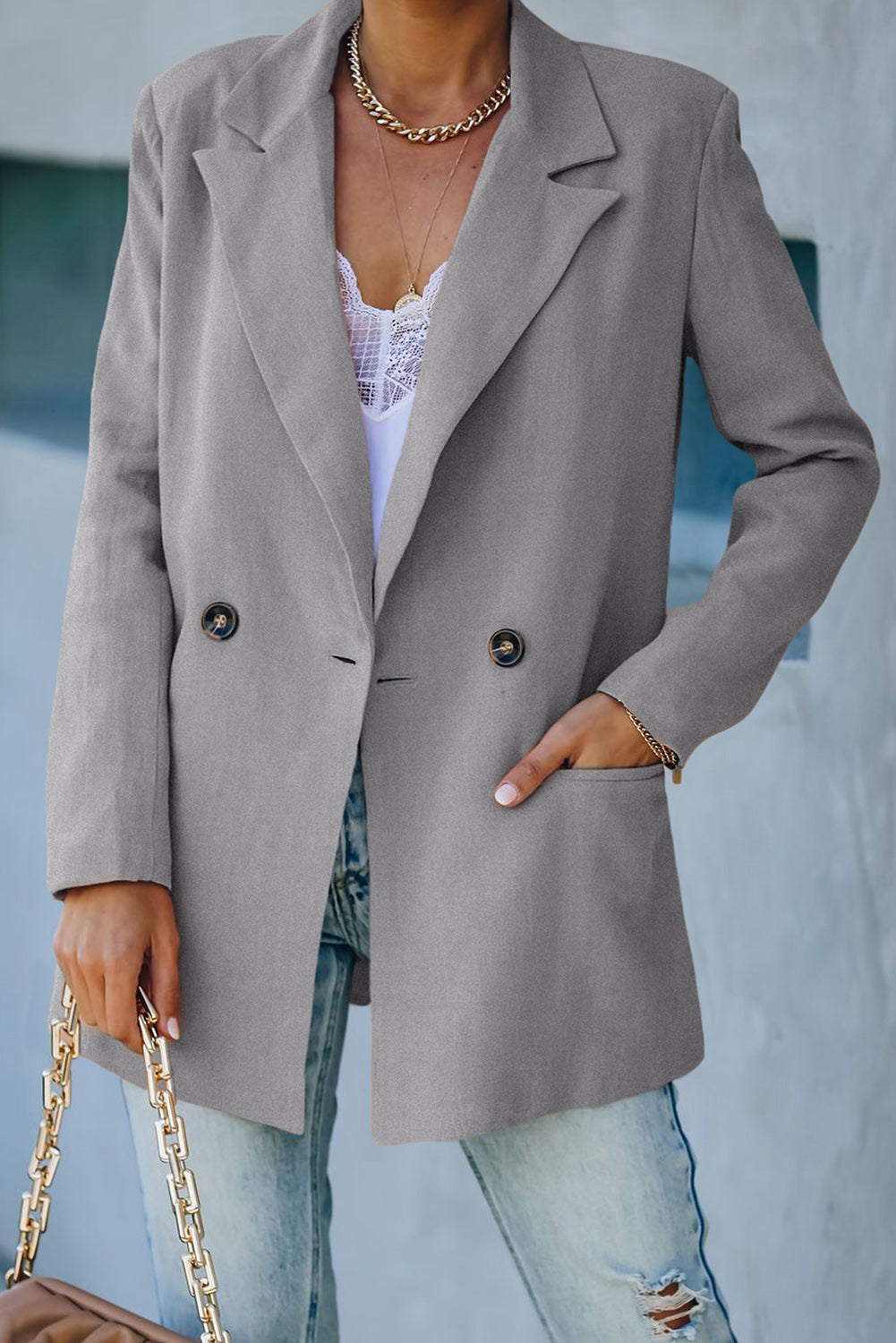 Double-Breasted Padded Shoulder Blazer with Pockets