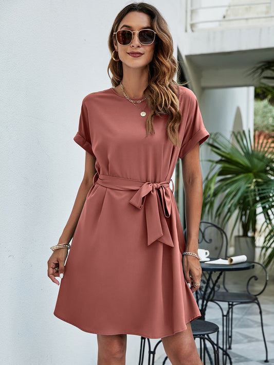 Belted Round Neck Curved Hem Dress