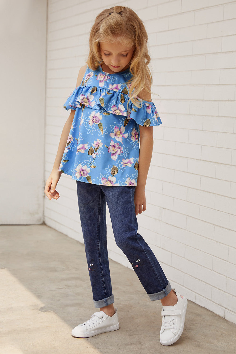 Girls Floral Cold-Shoulder Ruffled Top