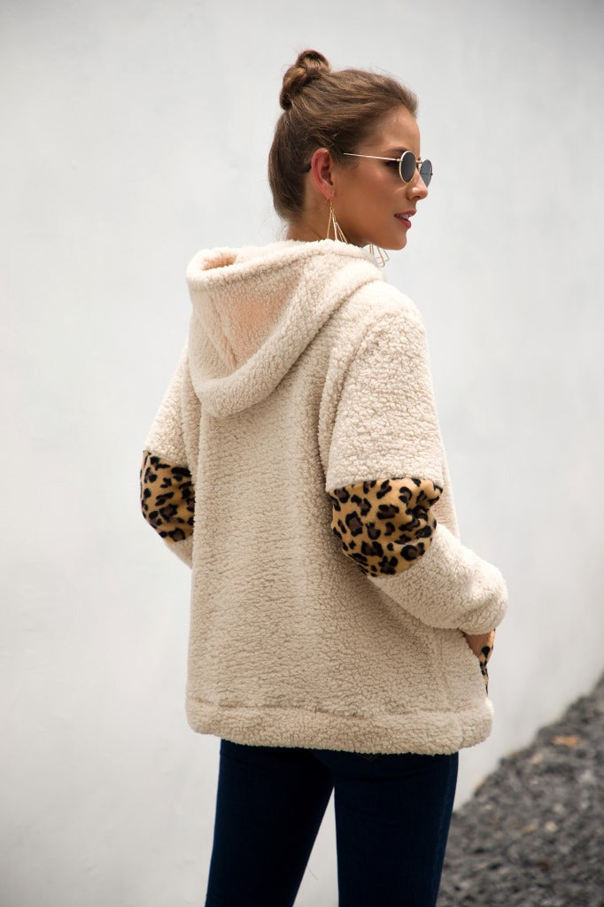 Leopard Color Block Sherpa Hoodie