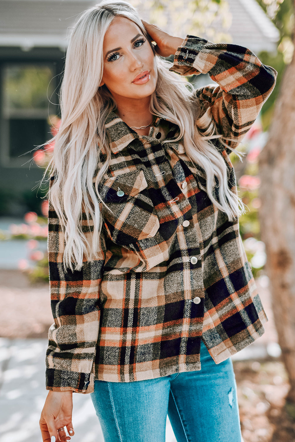 Women's Plaid Button Front Shirt Jacket with Breast Pockets in Pink, Red, Khaki, or Blue