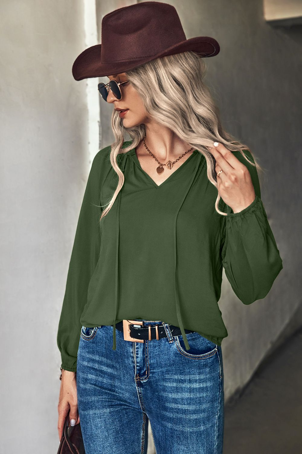 Women's Green or Navy Gathered Detail Tie-Neck Long Sleeve Blouse