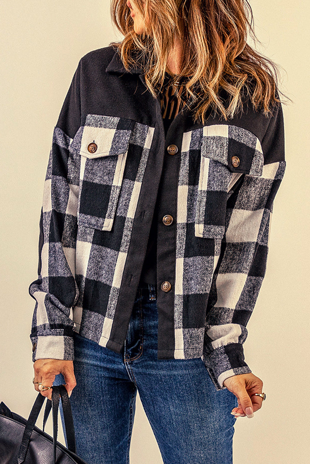 Women's Black Plaid Button-Up Shirt Jacket with Pockets, Shacket