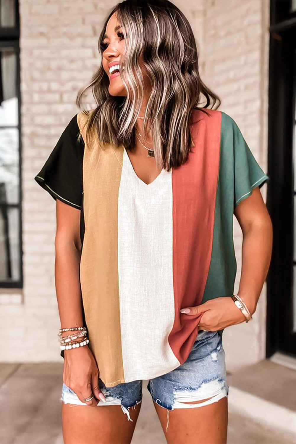 Color Block V-Neck Short Sleeve Top