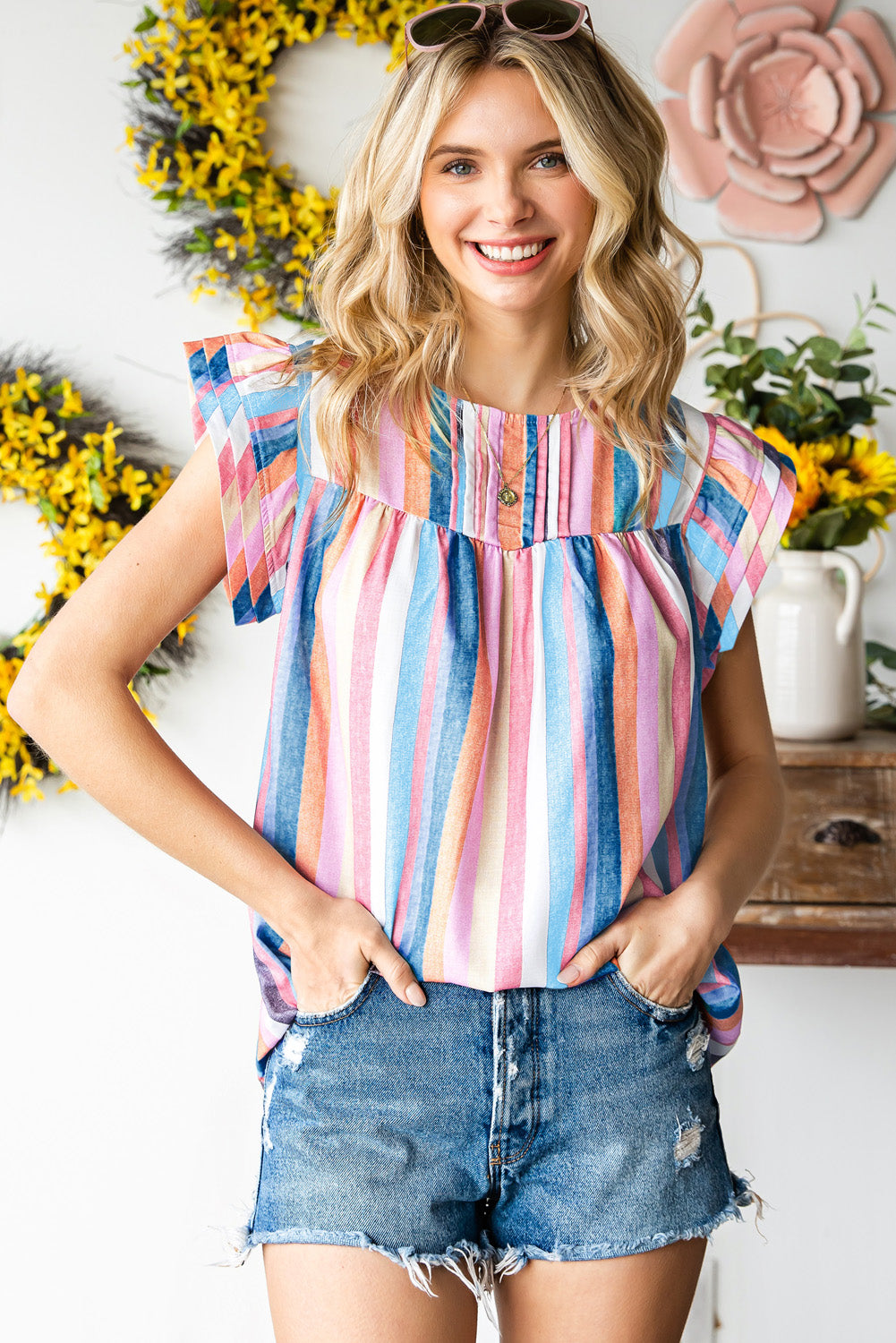 Multicolored Stripe Flutter Sleeve Blouse