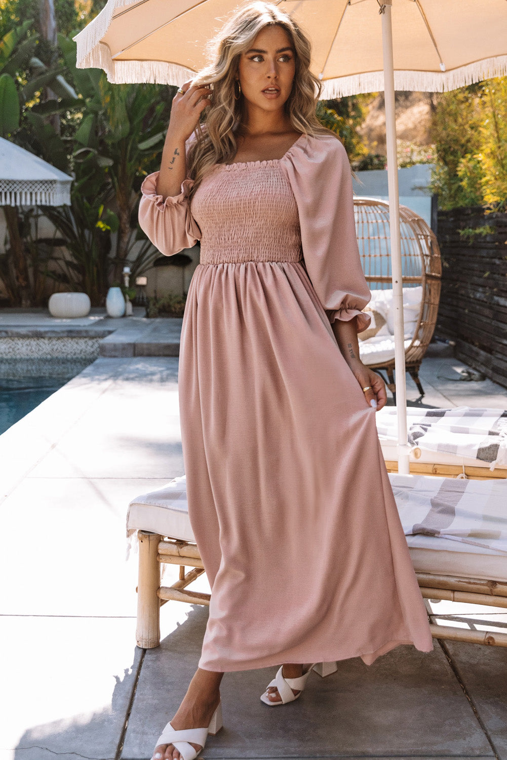 Smocked Flounce Sleeve Maxi Dress