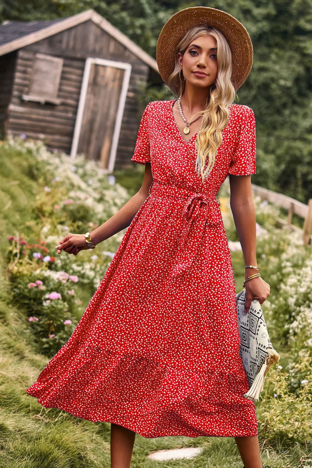 Printed Tie-Waist Short Puff Sleeve Surplice Dress