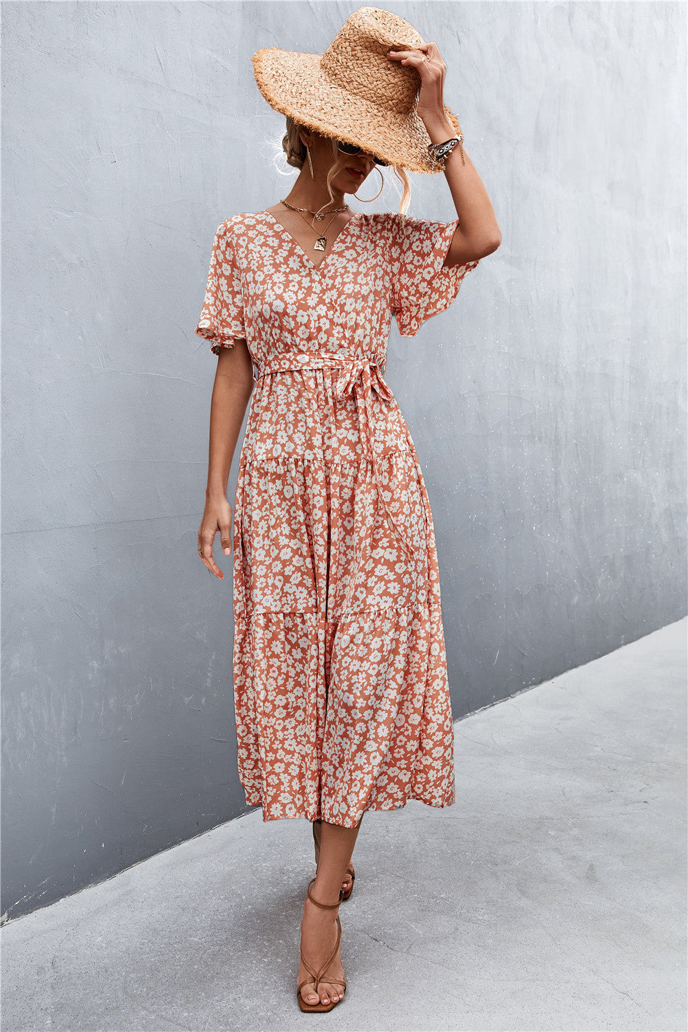 Printed V-Neck Flutter Sleeve Belted Dress