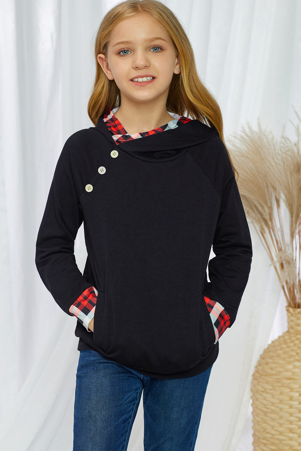 Girls Plaid Decorative Button Pullover with Pockets