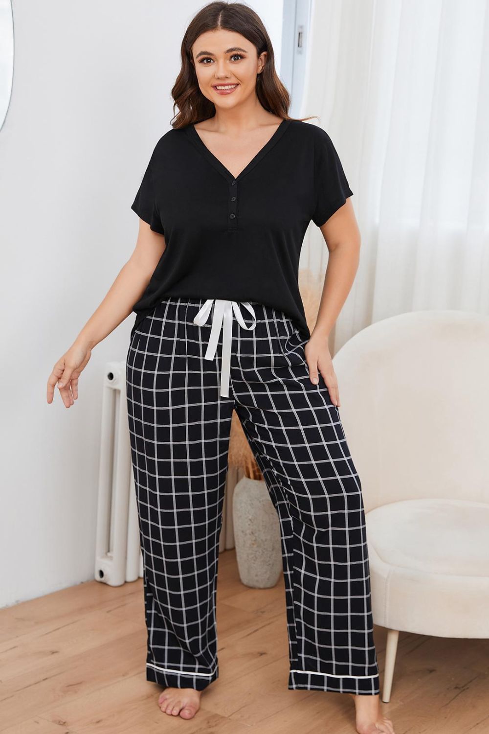 Plus Size V-Neck Top and Plaid Bottoms Lounge Set