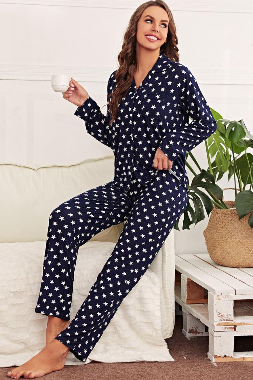 Star Print Button-Up Shirt and Bottoms Lounge Set