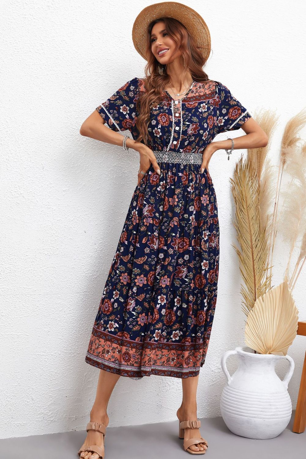 Bohemian Short Sleeve V-Neck Midi Dress