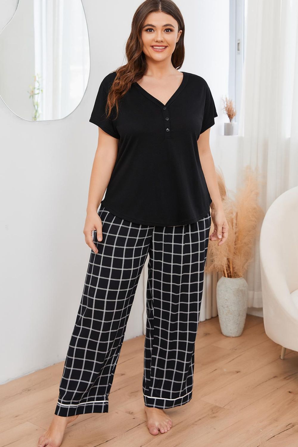 Plus Size V-Neck Top and Plaid Bottoms Lounge Set