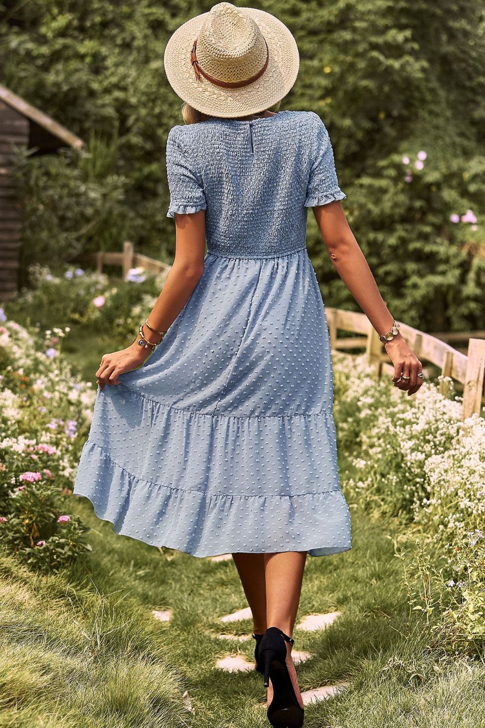 Swiss Dot Smocked Round Neck Short Sleeve Midi Dress