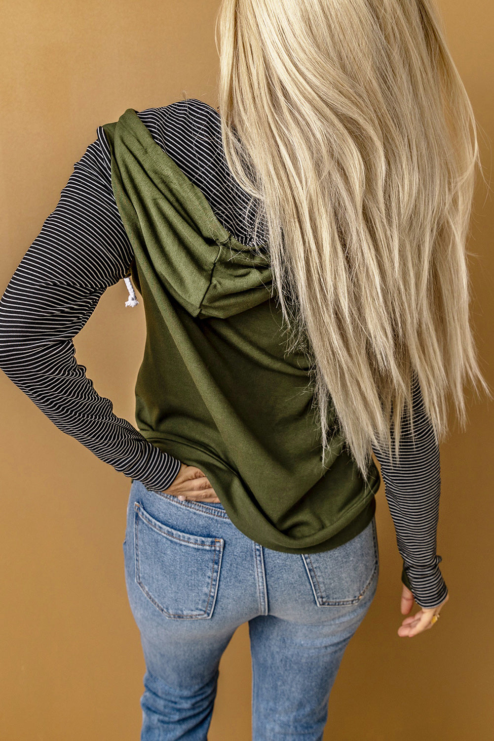 Women's Striped Color Block Half-Zip Green and Black Hoodie